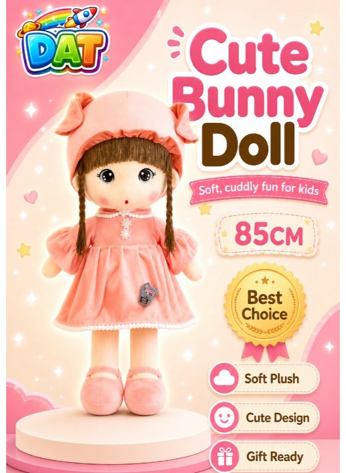 DAT Soft Plush Bunny Ear Girl Doll with Dress & Braids – Red, Pink, Purple - Image 1