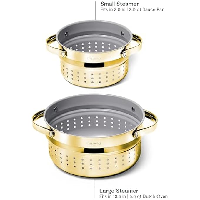جهاز بخار من الفولاذ المقاوم للصدأ بمقابض، طلاء غير لاصق وغير سام، طهي بالبخار، خضراوات، مأكولات بحرية وأكثر، متوافق مع قدرنا الهولندي أو مقلاة الصلصة الكبيرة 65 كوارت، ذهبي - Image 4