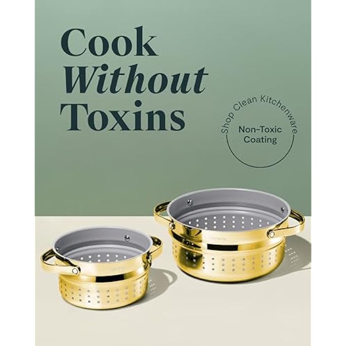 جهاز بخار من الفولاذ المقاوم للصدأ بمقابض، طلاء غير لاصق وغير سام، طهي بالبخار، خضراوات، مأكولات بحرية وأكثر، متوافق مع قدرنا الهولندي أو مقلاة الصلصة الكبيرة 65 كوارت، ذهبي - Image 3