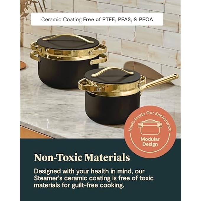 جهاز بخار من الفولاذ المقاوم للصدأ بمقابض، طلاء غير لاصق وغير سام، طهي بالبخار، خضراوات، مأكولات بحرية وأكثر، متوافق مع قدرنا الهولندي أو مقلاة الصلصة الكبيرة 65 كوارت، ذهبي - Image 5