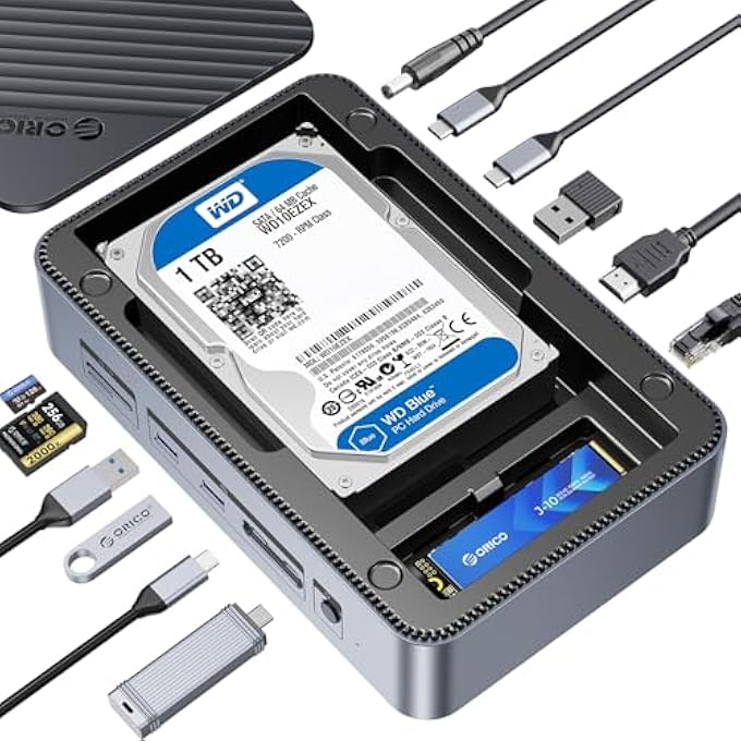 rayihni محطة إرساء USB-C من ORICO 12 في 1 مع حاوية SSD مزدوجة - تدعم M.2 NVME/SATA ومحركات SATA 2.5"/3.5" تصل سعتها إلى 26TB، USB بسرعة 10GBPS، HDMI بدقة 4K@60HZ D35M2-V1 - Image 1