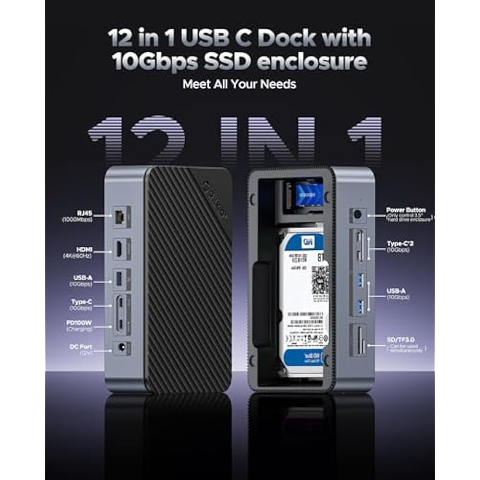 rayihni محطة إرساء USB-C من ORICO 12 في 1 مع حاوية SSD مزدوجة - تدعم M.2 NVME/SATA ومحركات SATA 2.5"/3.5" تصل سعتها إلى 26TB، USB بسرعة 10GBPS، HDMI بدقة 4K@60HZ D35M2-V1 - Image 2