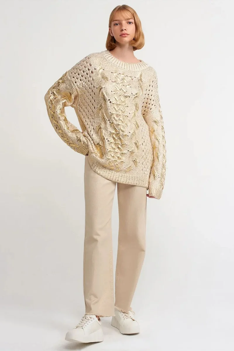 Dilvin Cream Natural DILVIN Oversized Cable Knit Crew Neck Sweater for Women | Best Price UAE