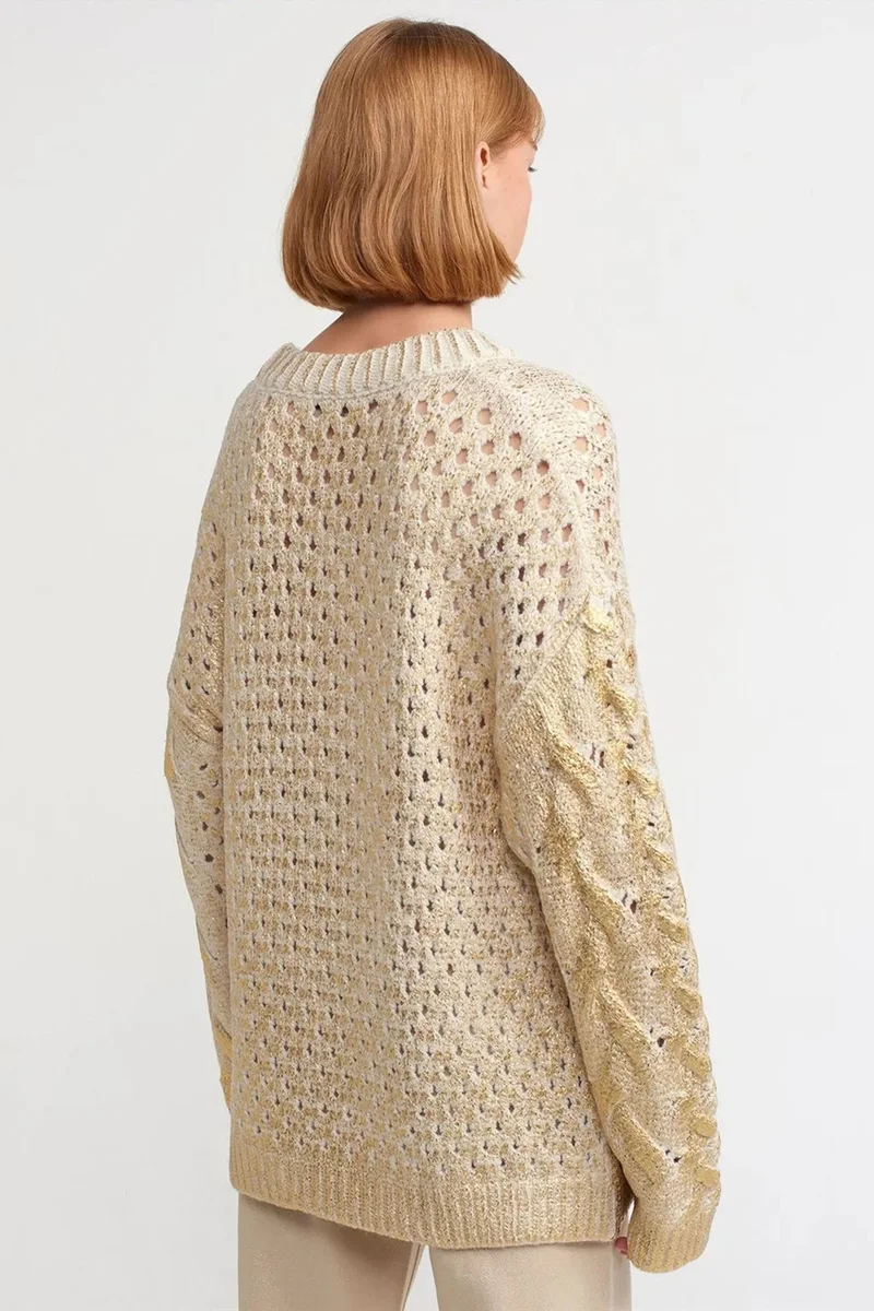 Dilvin Cream Natural DILVIN Oversized Cable Knit Crew Neck Sweater for Women | Best Price UAE