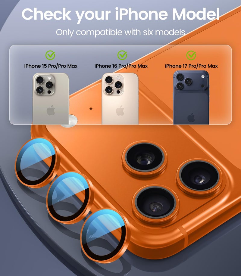 PandaShield 2-Pack Anti-Reflection Camera Lens Protector for iPhone 17/16/15 Pro & Pro Max, Easy Installation, Anti-Scratch,9H Hardness,98% Ultra Clarity,Maintains Original Lens Design â€“ Cosmic Orange - Image 2