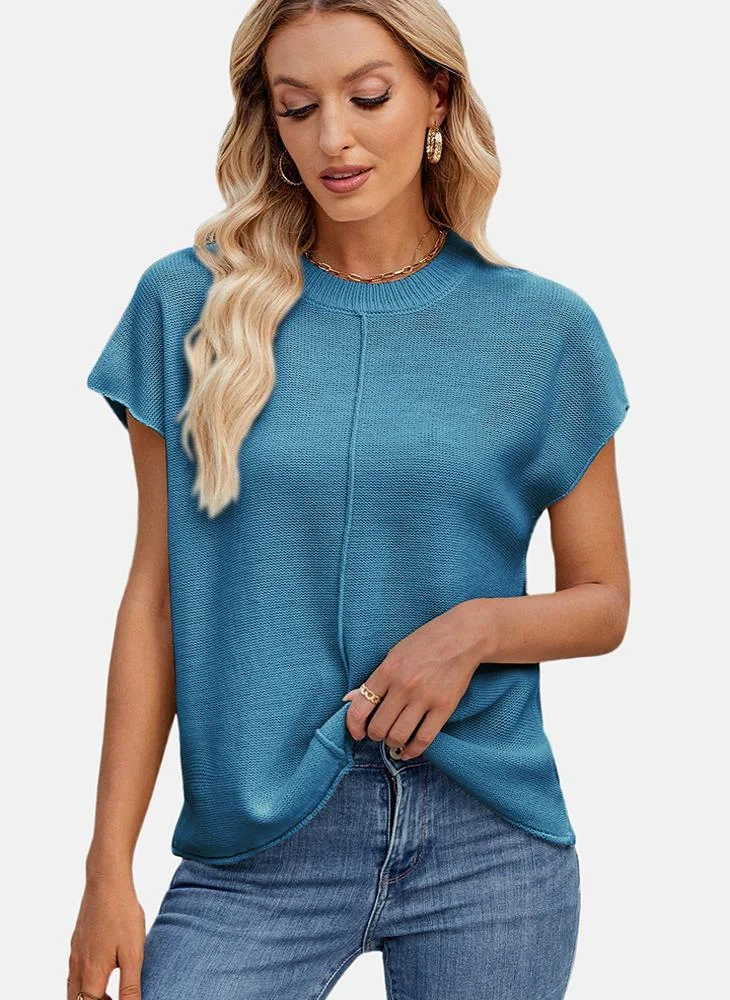 YUNIQEE Blue Round Neck Plain Top