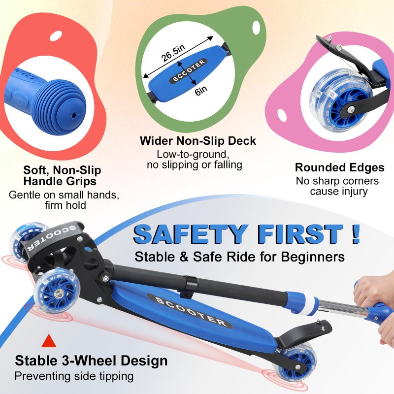 DEROFIT Scooters for Kids 6-8 8-12, Folding, 3 Light up Wheels Kick Scooter,3 Adjustable Height Handlebars, Lean-to-Steer,Widen Anti-Slip Deck, Heavy Duty Scooter for Boys Girls Ages 6-12,up to 170 Lbs - Image 2