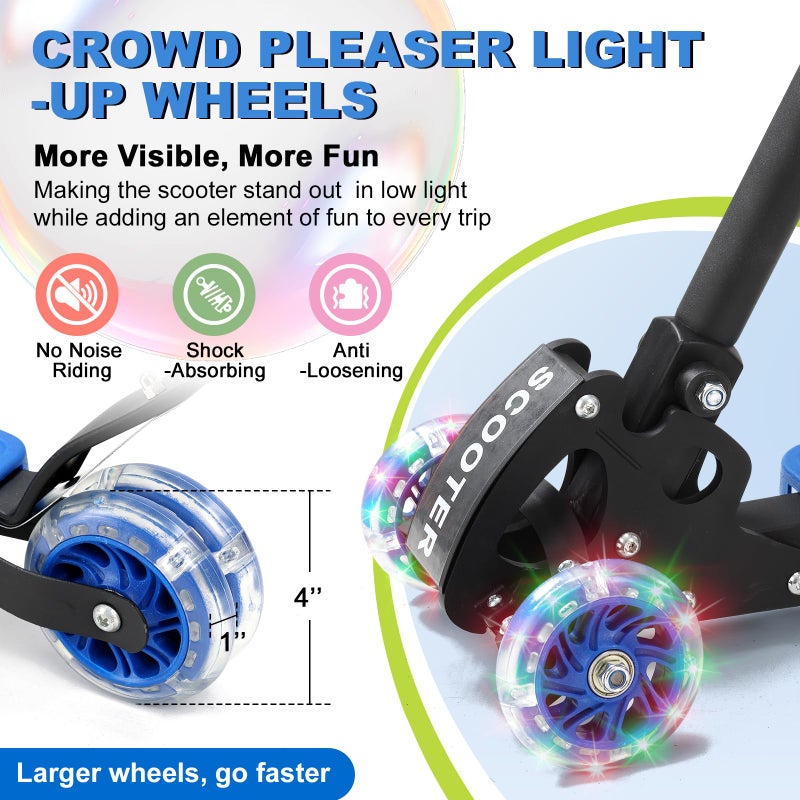 DEROFIT Scooters for Kids 6-8 8-12, Folding, 3 Light up Wheels Kick Scooter,3 Adjustable Height Handlebars, Lean-to-Steer,Widen Anti-Slip Deck, Heavy Duty Scooter for Boys Girls Ages 6-12,up to 170 Lbs - Image 3