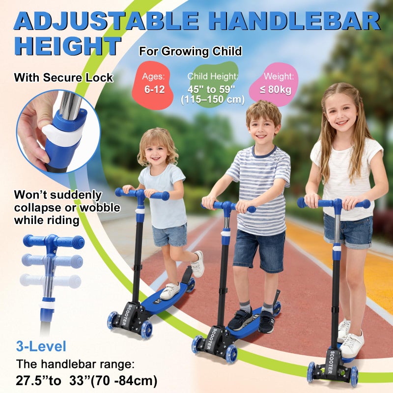 DEROFIT Scooters for Kids 6-8 8-12, Folding, 3 Light up Wheels Kick Scooter,3 Adjustable Height Handlebars, Lean-to-Steer,Widen Anti-Slip Deck, Heavy Duty Scooter for Boys Girls Ages 6-12,up to 170 Lbs - Image 4