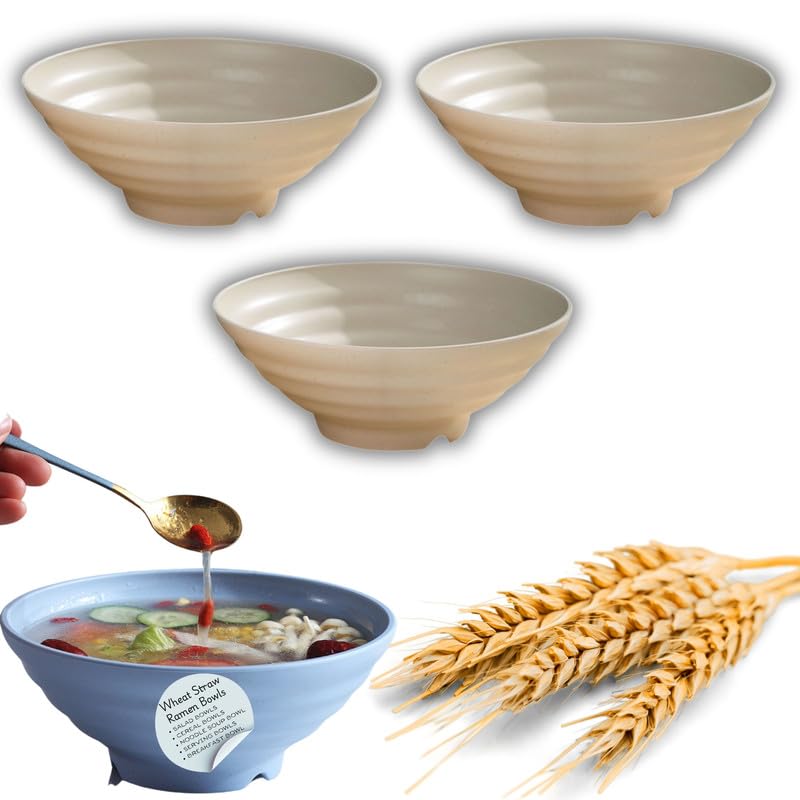 RoarCraft Naturals Unbreakable Wheat Straw Ramen Bowls Lightweight EcoFriendly Bowls for Snacks Microwave Salad Bowls for Serving Fruit Pasta Snack DessertBeige 19CM 21CM 25CM Pack of 3 - Image 1
