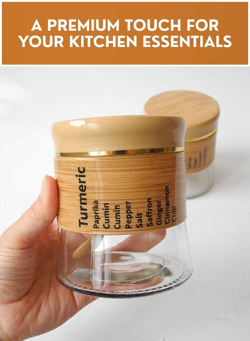 SHOELAY 6 Pcs Spice Jar Set with Bamboo Rack & Spoons | Kitchen Spice Organizer Rack, Glass Seasoning Containers, Condiment Storage Jars, Countertop Spice Holder for Salt, Pepper, Herbs & Masala - Image 3