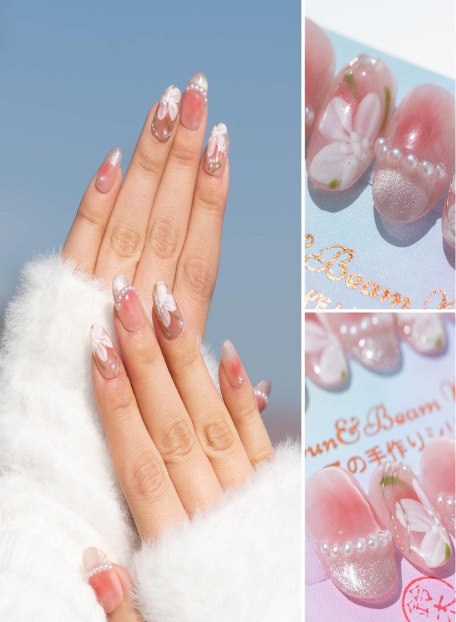 Sun&Beam Nails Handmade Medium Long Oval Pink Gold False Nail Tips with Cute 3D Flower Pearl Popular Charm Design Press On Nails 10 Pcs (M, #001) - Image 2