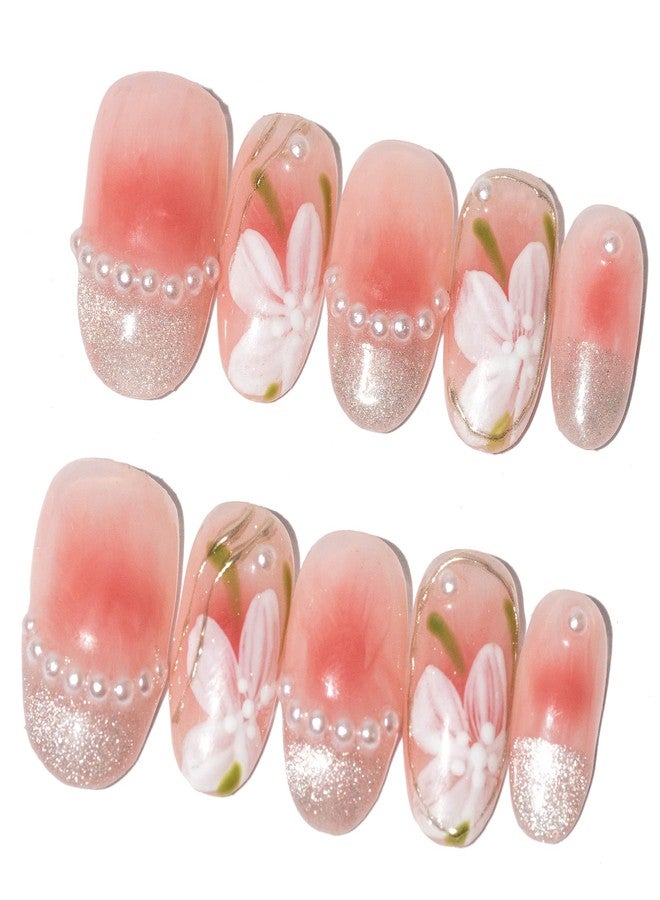 Sun&Beam Nails Handmade Medium Long Oval Pink Gold False Nail Tips with Cute 3D Flower Pearl Popular Charm Design Press On Nails 10 Pcs (M, #001) - Image 1
