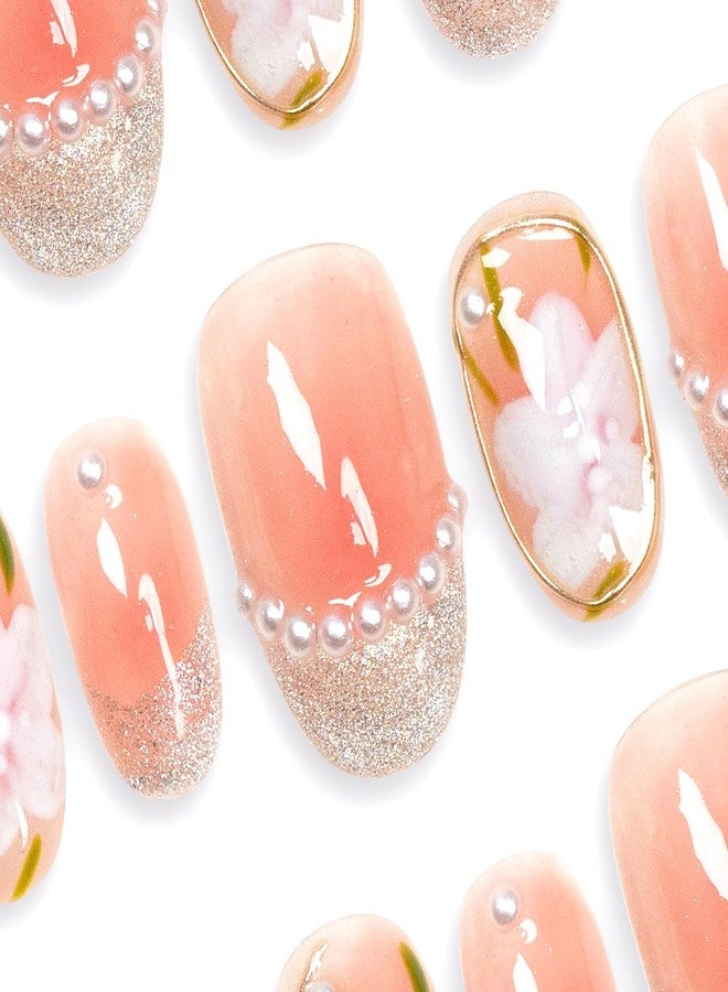 Sun&Beam Nails Handmade Medium Long Oval Pink Gold False Nail Tips with Cute 3D Flower Pearl Popular Charm Design Press On Nails 10 Pcs (M, #001) - Image 3
