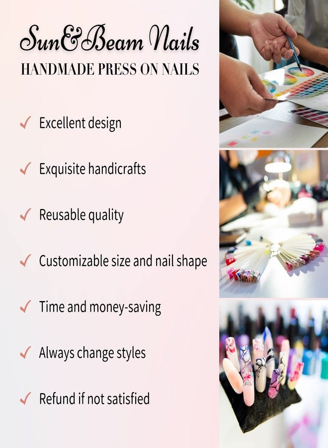 Sun&Beam Nails Handmade Medium Long Oval Pink Gold False Nail Tips with Cute 3D Flower Pearl Popular Charm Design Press On Nails 10 Pcs (M, #001) - Image 5