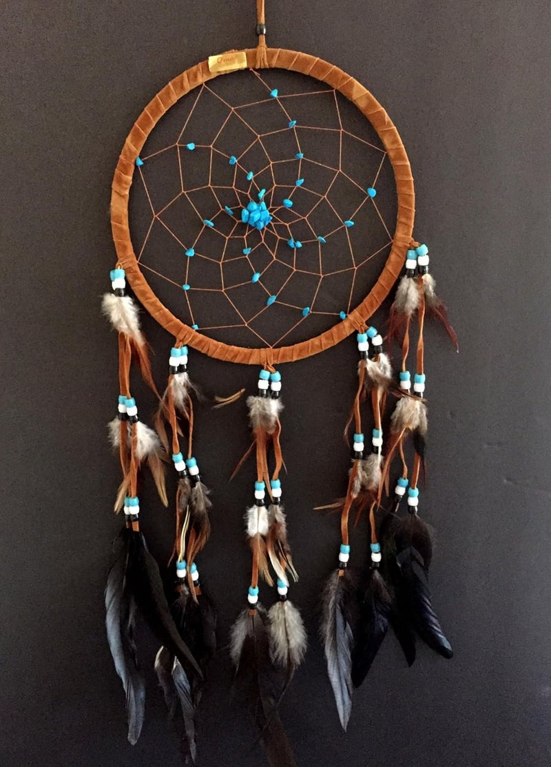 OMA Dream Catcher Dreamcatcher - Brown Suede with Turquoise Details - Handmade, Large Size - 28" Long x 9" Diameter - ® Brand - Image 1