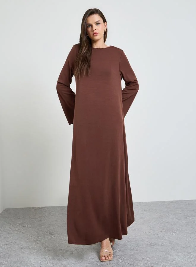 تايك تو Coffee Brown Solid Long Sleeves Tunic Maxi Dress