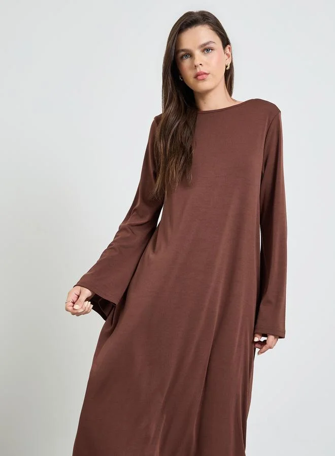 تايك تو Coffee Brown Solid Long Sleeves Tunic Maxi Dress