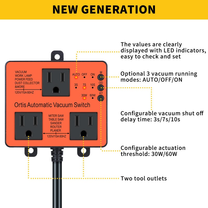 Ortis Automatic Vacuum Switch, Ortis Dust Control Autoswitch for More Power Tools, Delay Vacuum On/Off to Prevent Circuit Overload and Tripping, Adjustable Actuation Threshold - Image 2