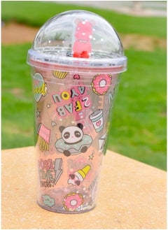 Cute Design Cartoon Panda Pattern Plastic Sipper Water Bottle With Straw For Kids & Adults, BPA Free Star Glitter Sipper Water Bottles Cup, Party Drink Cup