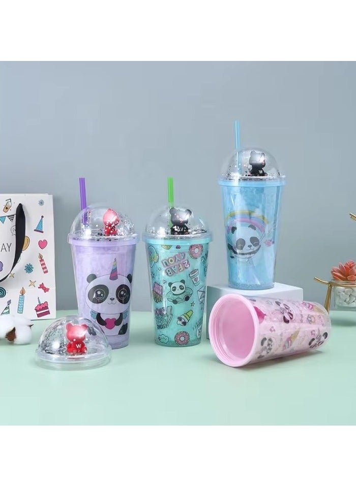 Generic - Cute Design Cartoon Panda Pattern Plastic Sipper Water Bottle With Straw For Kids & Adults, BPA Free Star Glitter Sipper Water Bottles Cup, Party Drink Cup - Image 1