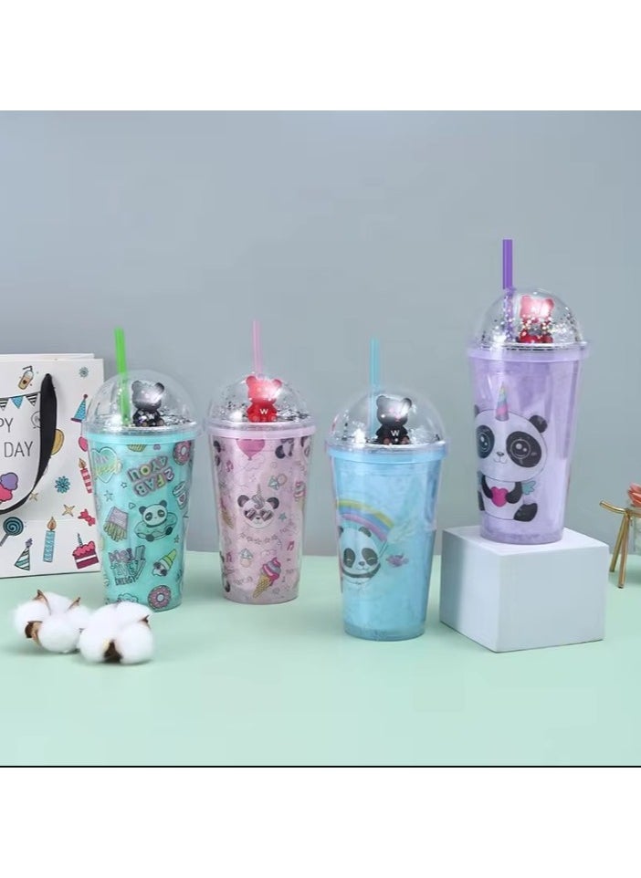 Generic - Cute Design Cartoon Panda Pattern Plastic Sipper Water Bottle With Straw For Kids & Adults, BPA Free Star Glitter Sipper Water Bottles Cup, Party Drink Cup - Image 1