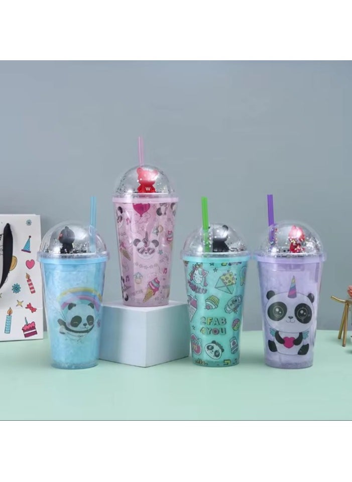 Generic - Cute Design Cartoon Panda Pattern Plastic Sipper Water Bottle With Straw For Kids & Adults, BPA Free Star Glitter Sipper Water Bottles Cup, Party Drink Cup - Image 1
