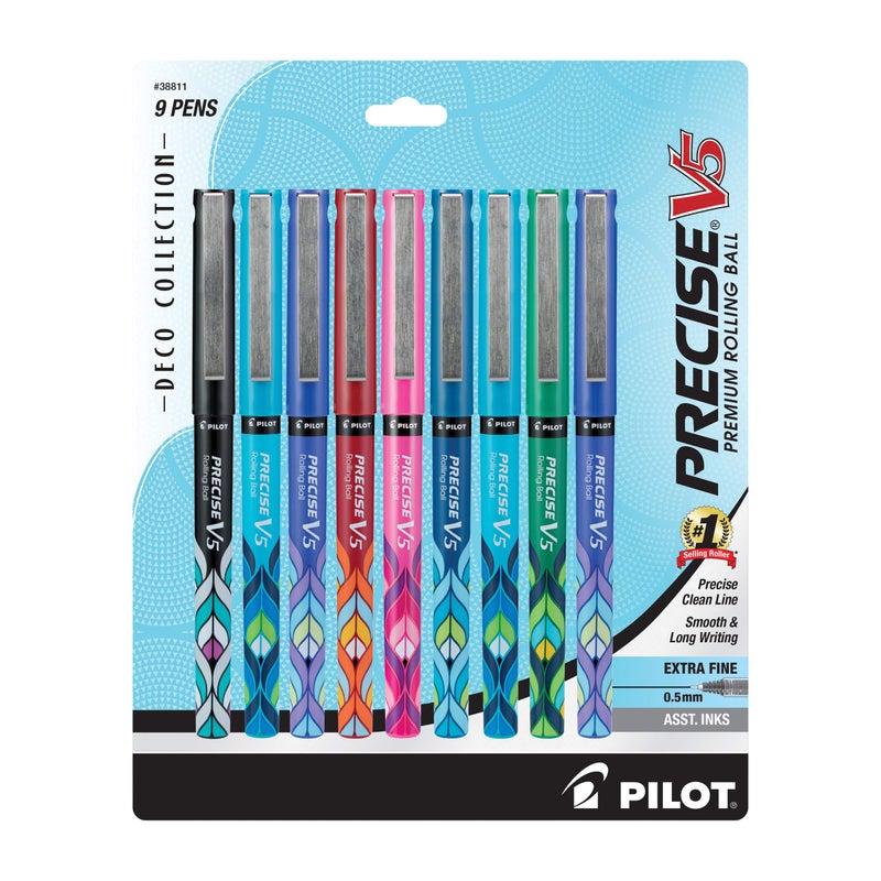 Pilot Precise V5 Capped Liquid Ink Rollerball Pens, Deco Collection, Extra Fine Point Ink Pens 0.5 mm, Colored Pens, Assorted, Pack of 9 - Ideal for School, Journaling, & Office Writing - Image 1