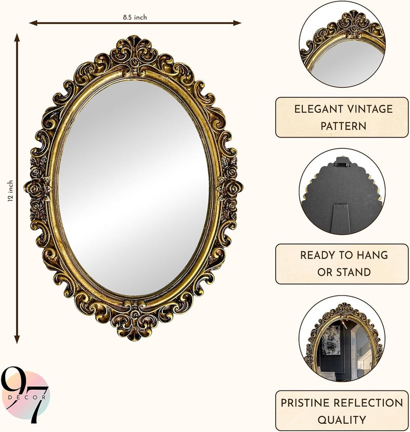97 Decor Small Oval Mirror for Table - Gold Vintage Mirror for Tabletop and Wall Mounting, Small Decorative Mirrors Frame for Antique Home Bedroom, Victorian Makeup Room Decor - Image 2