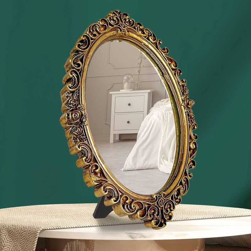 97 Decor Small Oval Mirror for Table - Gold Vintage Mirror for Tabletop and Wall Mounting, Small Decorative Mirrors Frame for Antique Home Bedroom, Victorian Makeup Room Decor - Image 1
