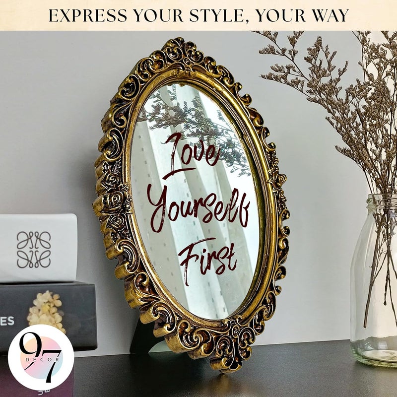 97 Decor Small Oval Mirror for Table - Gold Vintage Mirror for Tabletop and Wall Mounting, Small Decorative Mirrors Frame for Antique Home Bedroom, Victorian Makeup Room Decor - Image 5
