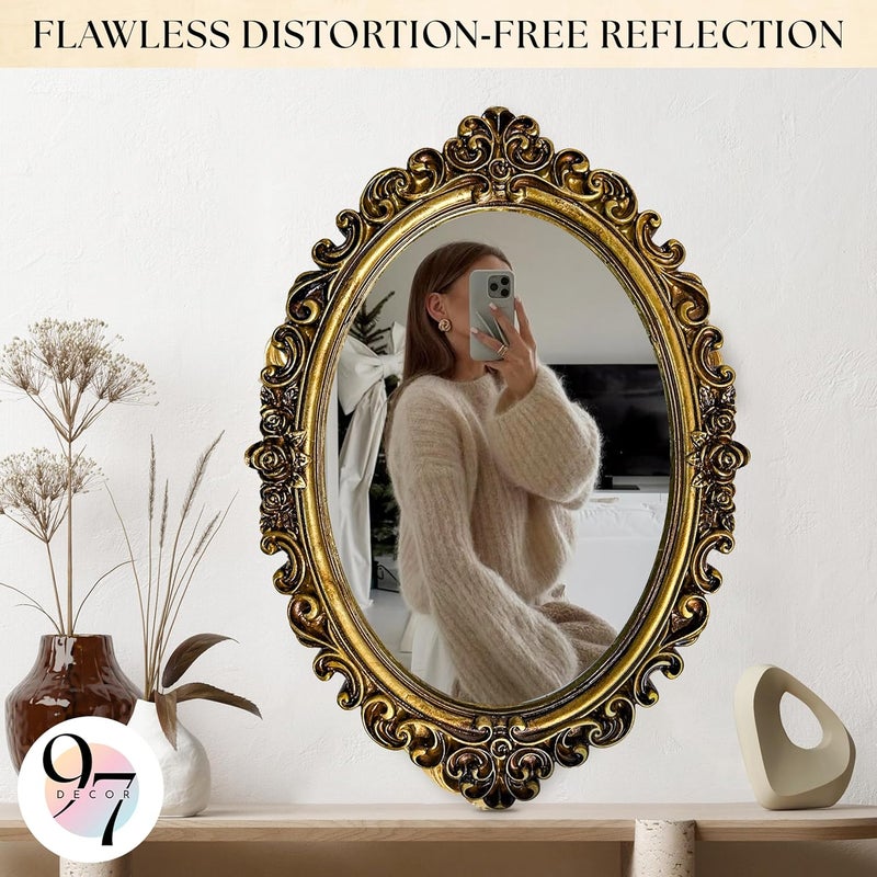 97 Decor Small Oval Mirror for Table - Gold Vintage Mirror for Tabletop and Wall Mounting, Small Decorative Mirrors Frame for Antique Home Bedroom, Victorian Makeup Room Decor - Image 3