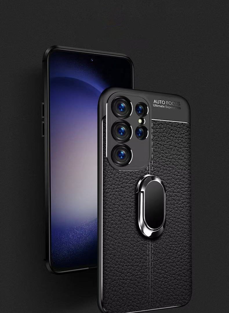 مناسبة لحافظة الهاتف المحمول Samsung S25ultra ، قوس خاتم الإصبع بنمط الجلد الليتشي ، حافظة واقية كاملة مضادة للسقوط - Image 1