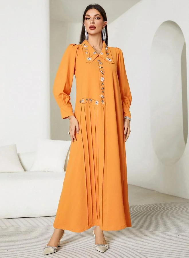 Take Two Take Two Solid Pleated Embroidered Balloon Sleeve Maxi Dress