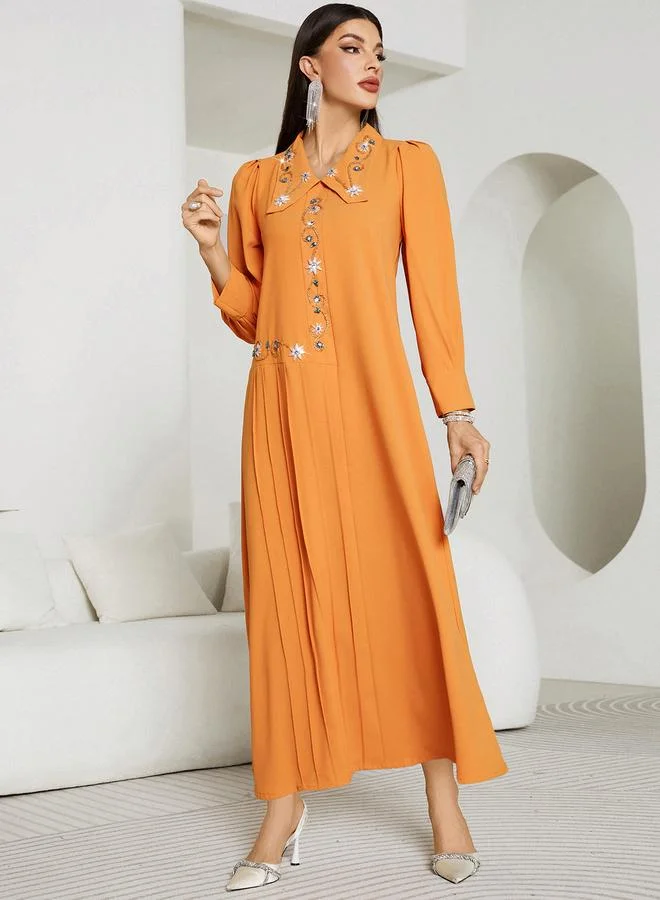 Take Two Take Two Solid Pleated Embroidered Balloon Sleeve Maxi Dress