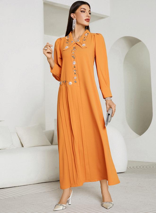 Take Two Solid Pleated Embroidered Balloon Sleeve Maxi Dress - Image 3