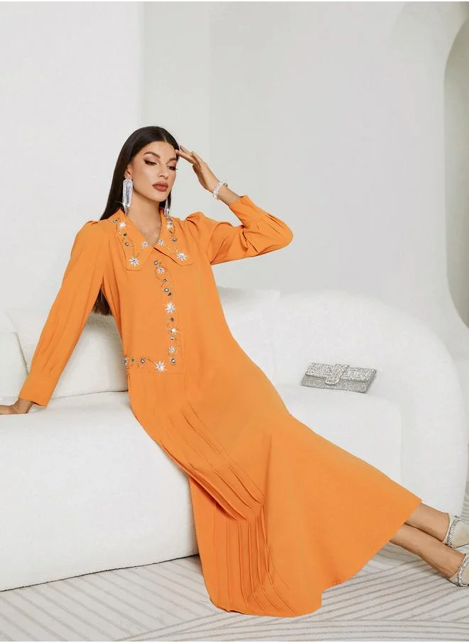 تايك تو Take Two Solid Pleated Embroidered Balloon Sleeve Maxi Dress