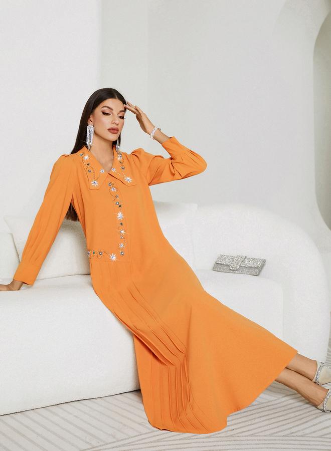 Take Two Solid Pleated Embroidered Balloon Sleeve Maxi Dress - Image 2