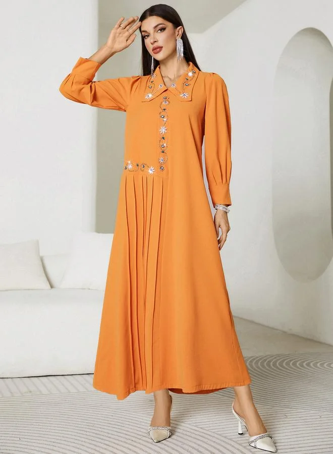Take Two Take Two Solid Pleated Embroidered Balloon Sleeve Maxi Dress