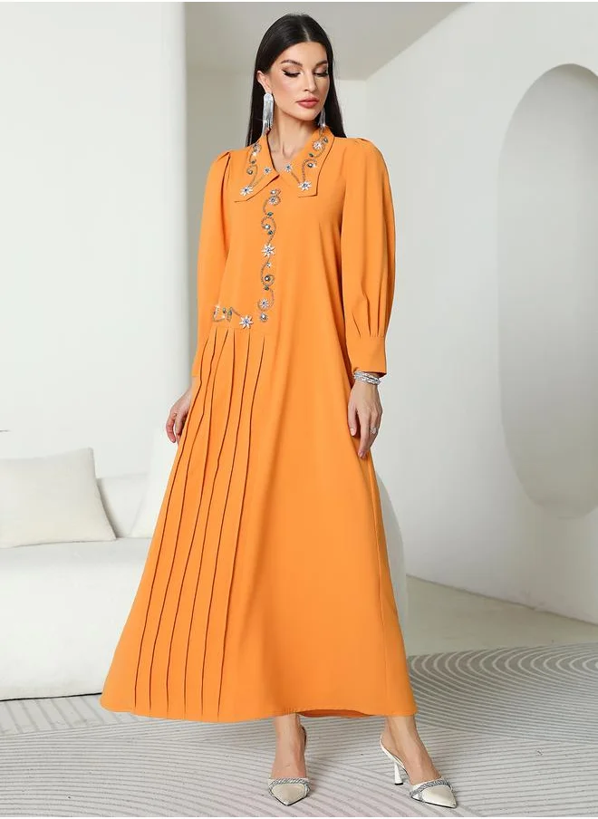 تايك تو Take Two Solid Pleated Embroidered Balloon Sleeve Maxi Dress