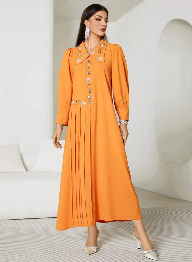 Take Two Take Two Solid Pleated Embroidered Balloon Sleeve Maxi Dress