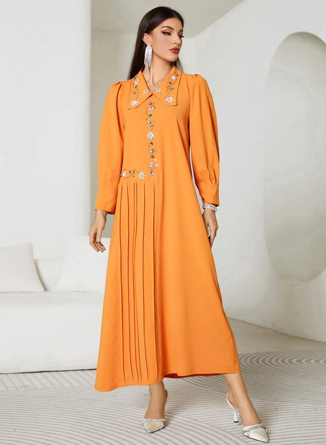 Take Two Solid Pleated Embroidered Balloon Sleeve Maxi Dress - Image 5