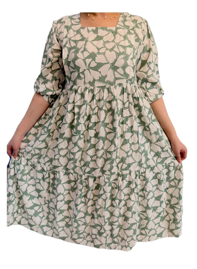 Maternity, Feeding Floral Print Midi Dress, Quarter Sleeve, Square Neck, Tiered Skirt, Green and Cream  - Image 1