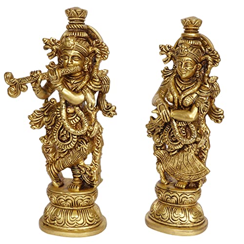 Kartique Brass Radha Krishna Bhagwan Murti Kishan Kanhaiya with Flute for Home Office Decor Temple Mandir Decoration Height 9 Inch Gold Color - Image 3