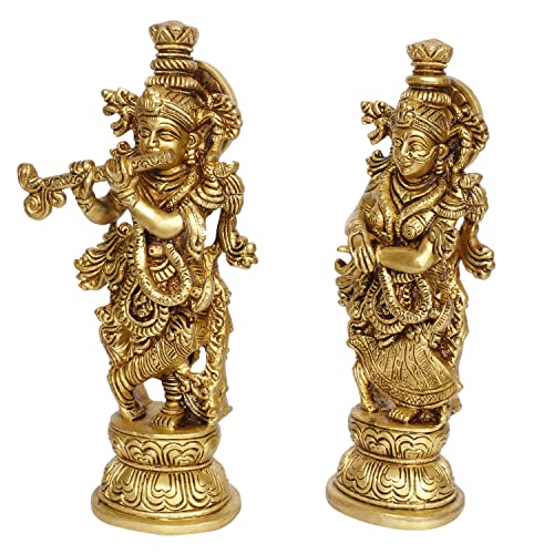 Kartique Brass Radha Krishna Bhagwan Murti Kishan Kanhaiya with Flute for Home Office Decor Temple Mandir Decoration Height 9 Inch Gold Color - Image 4