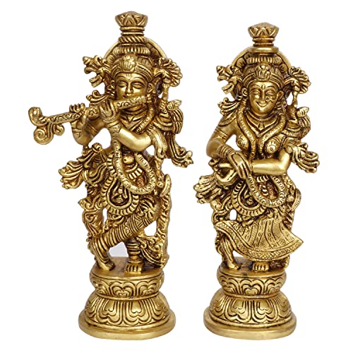 Kartique Brass Radha Krishna Bhagwan Murti Kishan Kanhaiya with Flute for Home Office Decor Temple Mandir Decoration Height 9 Inch Gold Color - Image 1
