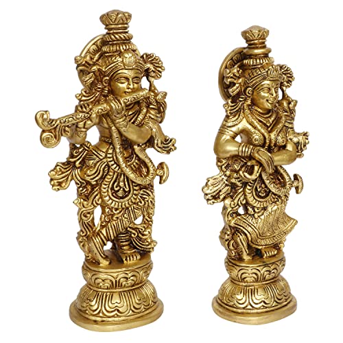Kartique Brass Radha Krishna Bhagwan Murti Kishan Kanhaiya with Flute for Home Office Decor Temple Mandir Decoration Height 9 Inch Gold Color - Image 2