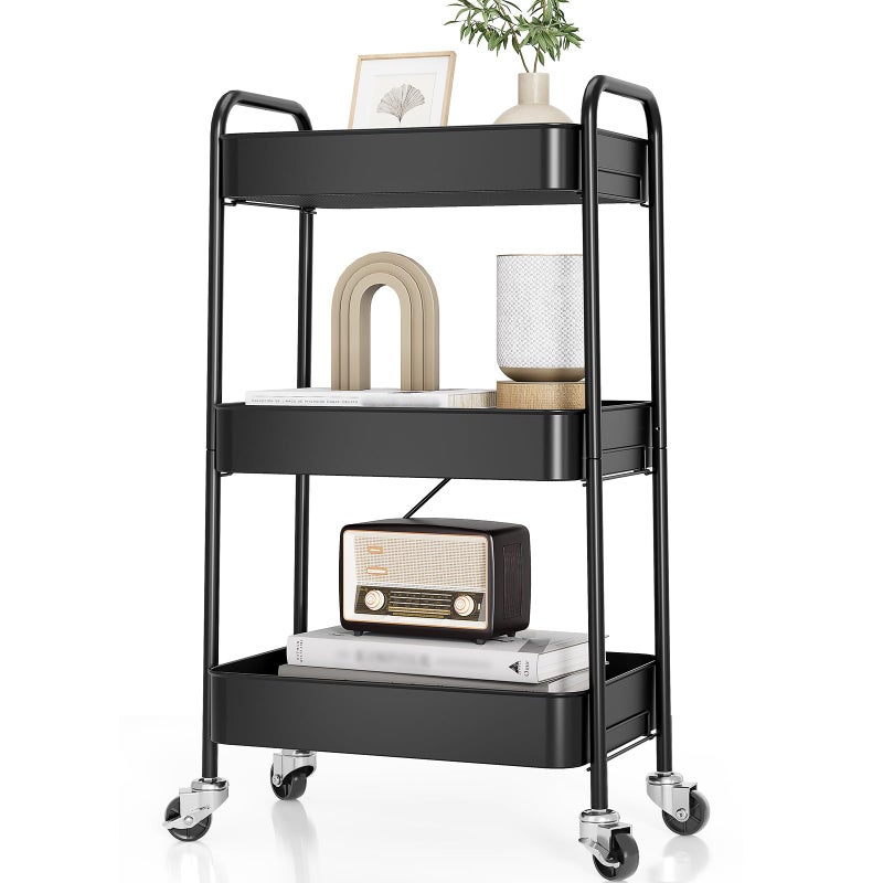 TOOLF 3-Tier Metal Rolling Cart with Wheels, Storage Utility Organizer Cart for Kitchen, Bathroom, Office, Baby Essentials & Makeup - Lockable Casters, Easy Assembly, Large Capacity, Black - Image 1