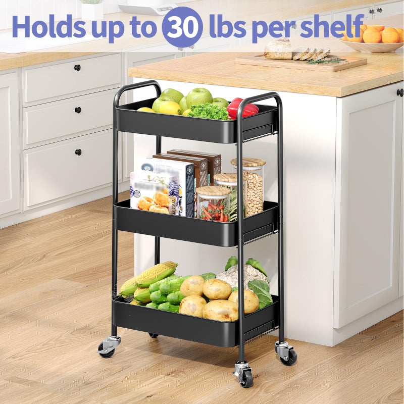 TOOLF 3-Tier Metal Rolling Cart with Wheels, Storage Utility Organizer Cart for Kitchen, Bathroom, Office, Baby Essentials & Makeup - Lockable Casters, Easy Assembly, Large Capacity, Black - Image 2