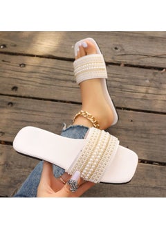 Tweed Style Flat Bottom Slippers Womens Square Head Rhinestone Colorful Pearl One-row Flat Bottom Sandals Creamy-white